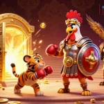 Oxbet showcases an exciting 3D illustration of a gladiator rooster and tiger cub in a vibrant casino scene.