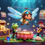 bongdaso casino scene with a dragonfly pilot, frog croupier, and dynamic gambling elements
