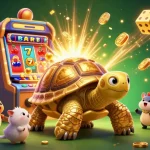 Experience the excitement at 99kim with a lively scene of golden tortoise pinball, slot machines, and jackpot wins.