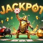 K9WIN showcases a victorious beetle at a vibrant casino scene, celebrating a jackpot win.