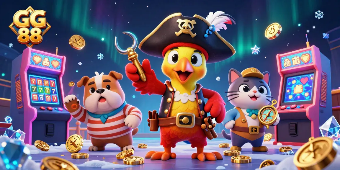 Spin to win at GG 88 as pirate characters navigate a vibrant, dynamic casino adventure.