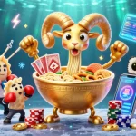 Engage with 66b as the vibrant golden ramen bowl and friends amplify casino excitement.