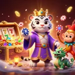 Engage in thrilling play at fly888 with a vibrant scene featuring a majestic tiger, playful monkey, and dragon amidst a gaming paradise.