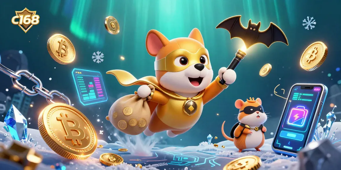 Join the thrilling adventure of c168 with our superhero dog flying to victory carrying gold coins and crypto elements.