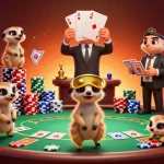 Experience thrilling casino action at bj388 with delightful meerkats managing a vibrant card game.