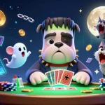 Bets on keo nha cai with a festive scene of a bulldog and werewolf kitten at a lively gambling table