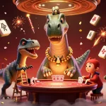 Join the fun at Debet as the giant brontosaurus oversees the card game with excitement.