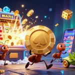 Menang besar dengan KUDA77 SLOT, ilustrasi heist semut dan simbol jackpot di latar belakang