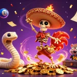 Engage in thrilling gaming action with UG38 characters dancing on golden coins in a vibrant casino scene.