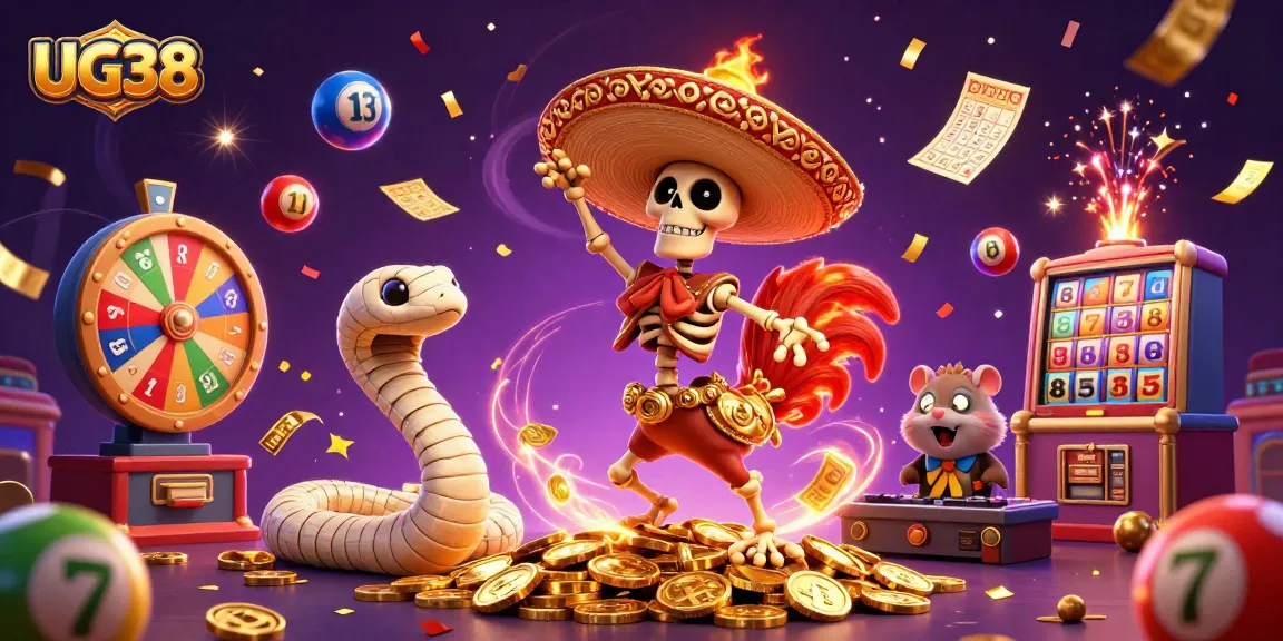 Engage in thrilling gaming action with UG38 characters dancing on golden coins in a vibrant casino scene.
