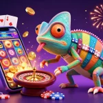 Experience exciting gameplay at sv66 casino with our vibrant 3D illustration featuring a dynamic chameleon owner and slot games.
