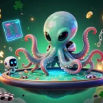 Engage with the vibrant casino scene featuring the ht368 alien octopus operating a holographic poker table with swirling crypto coins.