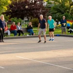 Exciting petanque match at fopikotakendari.org community park during golden hour.