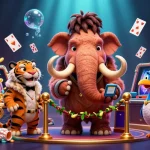 Vibrant scene showcasing a bouncer at the 33win casino welcoming a saber-tooth guest amidst colorful gambling elements.