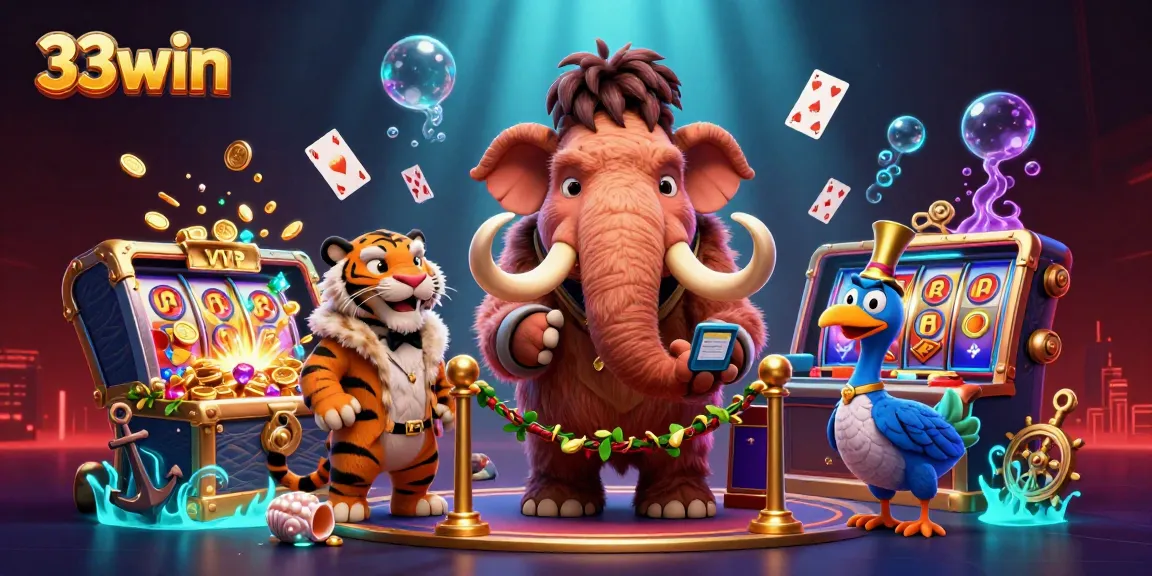 Vibrant scene showcasing a bouncer at the 33win casino welcoming a saber-tooth guest amidst colorful gambling elements.