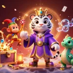 ev99 showcases a lively casino scene with a white tiger and a jester monkey in a colorful, vibrant setting.