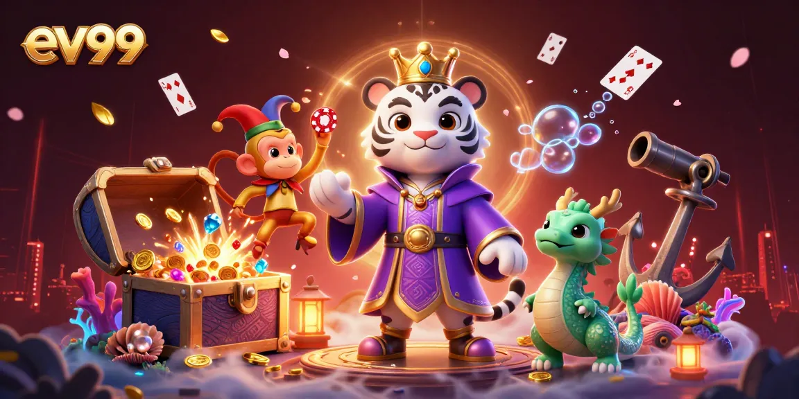 ev99 showcases a lively casino scene with a white tiger and a jester monkey in a colorful, vibrant setting.