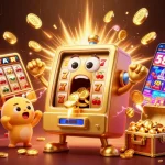 Win big with vk88: A lively illustration showcasing a jackpot celebration with golden slot machines and casino elements.