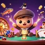 Engage with the LUCK8 online casino world as playful characters scatter coins and cards in a vibrant 3D scene.
