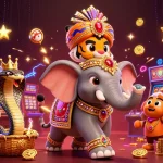 Play exciting slots at mb66 with a vibrant elephant and cobra in a casino scene.