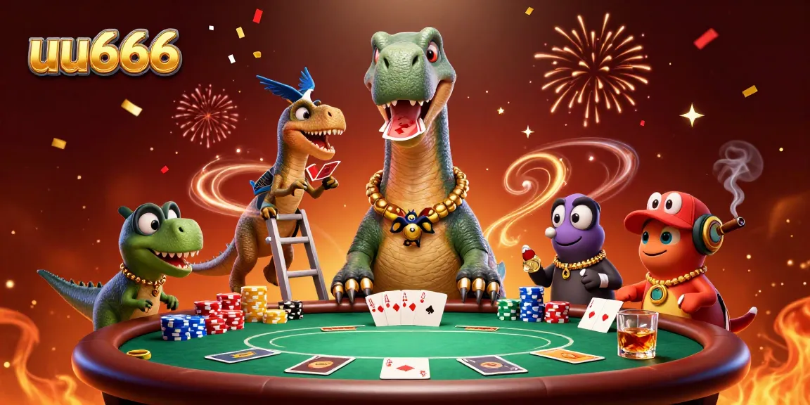 Experience exhilarating gameplay at uu666 with a whimsical 3D scene of dinosaurs at poker.