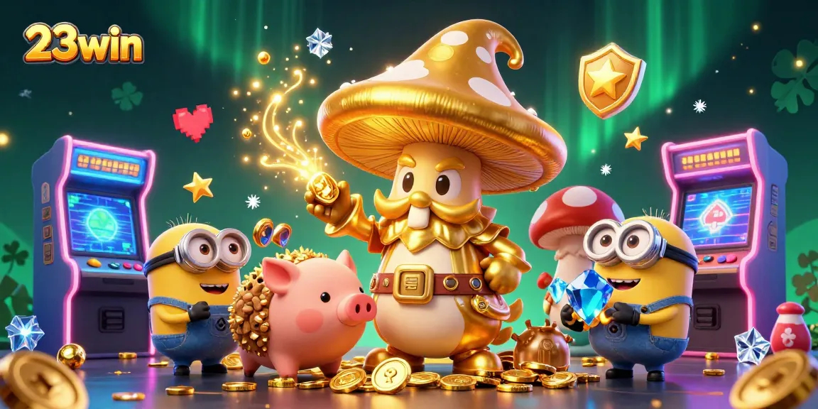 Engage with 23win's magical casino world featuring vibrant treasures and gaming elements.
