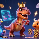 Engage in the fun at TV888 with a vibrant casino scene showcasing dinosaurs and colorful slot symbols.