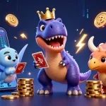Engage with nohu's vibrant gaming scene featuring a T-Rex shuffling cards surrounded by crypto elements.