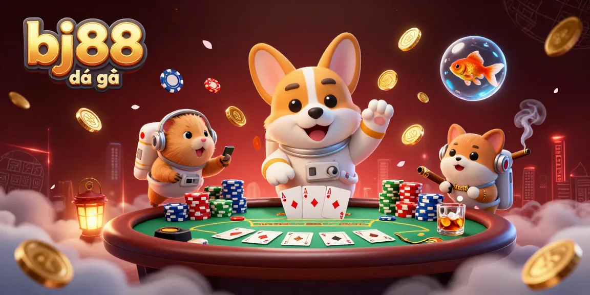 Experience bj88 đá gà with dynamic floating casino elements and engaging artwork.