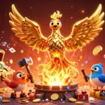 Engage with 9CLUB's dynamic gaming experience through a molten phoenix, surrounded by treasures and vibrant visuals.