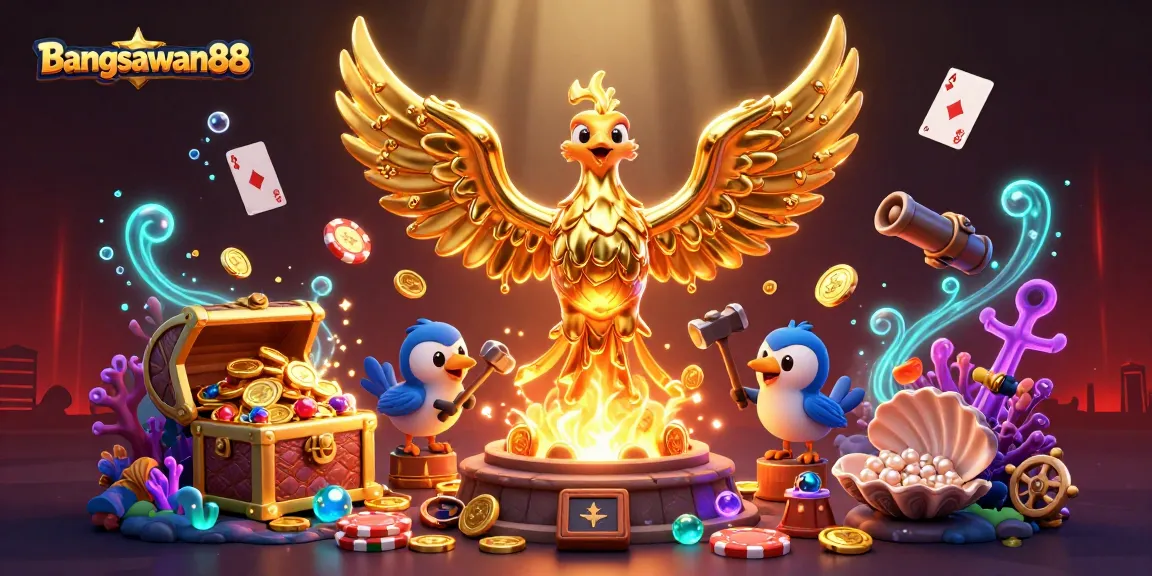 Bangsawan88 delivers a striking experience with a molten golden phoenix amidst a dynamic casino scene.