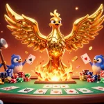Engage with BONGX9's dynamic 3D illustration of a golden phoenix emerging from a forge, surrounded by poker elements and vibrant casino atmosphere.