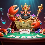 Experience the excitement of AA888 with a vibrant 3D illustration of a crab emperor amid gambling elements.