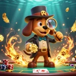 Engage with the thrilling mv88 casino scene, where a detective cartoon bloodhound examines a golden poker chip amidst vibrant gaming elements.