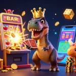iWin showcases fun with a T-Rex and friends shuffling cards and stacking chips in a vibrant casino scene.