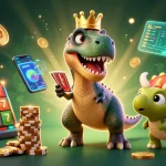hi79 slots with T-Rex shuffling cards and stacking chips in a vibrant casino scene.