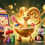 Engage with SC88's vibrant casino world through this colorful illustration featuring a giant ramen bowl and slot machines bursting with excitement.