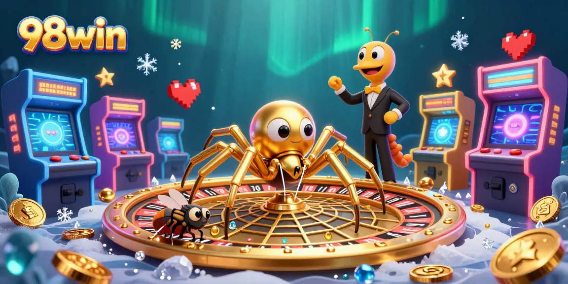 Engage with the thrilling offerings of 98win in this vibrant casino-inspired illustration
