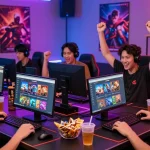 Engaged gamers exploring the rokok88 platform in a vibrant environment, showcasing the excitement of online gaming.