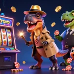Karatetoto showcases a playful velociraptor at a slot machine, bringing fun and excitement to online gaming.
