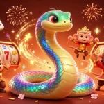 Spin with excitement at Man88, featuring colorful slot reels, a rainbow serpent, and lively decorations.