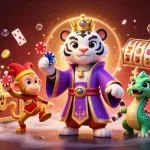 Experience thrilling gaming moments with xx88brand, featuring a whimsical tiger, monkey, and dragon in a vibrant casino scene.