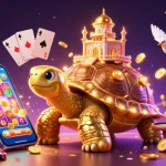 Experience OKFUN with vibrant slots and games in a lively casino scene featuring a golden tortoise and rabbit dealer.