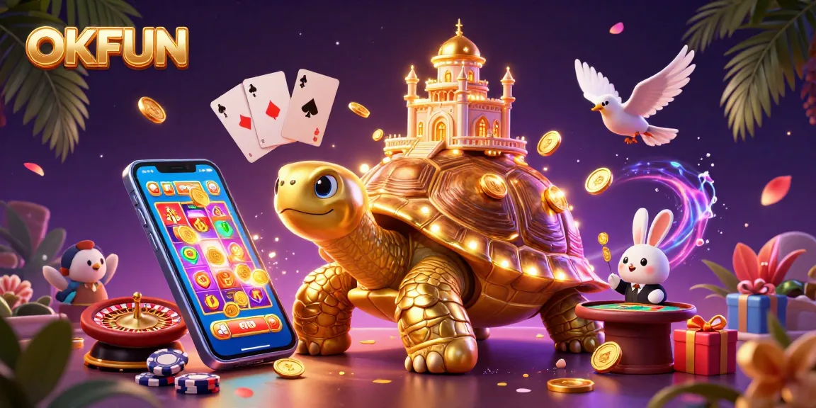 Experience OKFUN with vibrant slots and games in a lively casino scene featuring a golden tortoise and rabbit dealer.