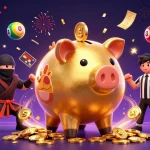 33win brings excitement with a dynamic 3D scene featuring a golden piggy bank wrestler amidst colorful lottery elements.