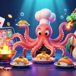 Experience thrilling slot games at uu88 with a vibrant scene featuring a cartoon octopus and dragon.