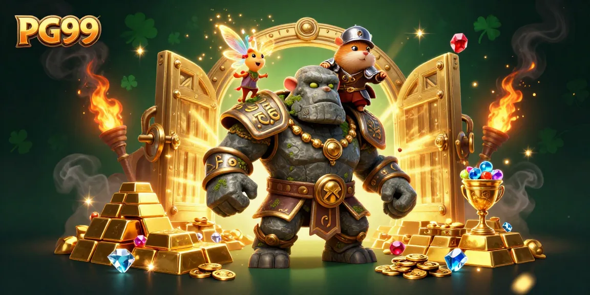 Engage with PG99 in this vibrant, enchanting scene featuring golden treasures and magical characters!