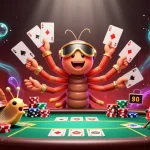 KP88 showcases an exciting gaming scene with a cartoon millipede dealer, poker chips, and vibrant effects.