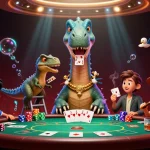 Experience debet excitement with a giant brontosaurus and clever raptor at a lively poker table.