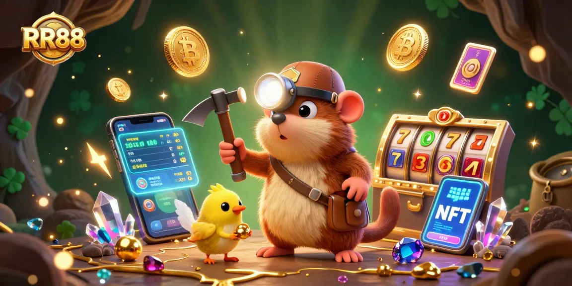 Engage with RR88 as a treasure hunter mole uncovers riches amidst Bitcoin coins and vibrant casino elements.